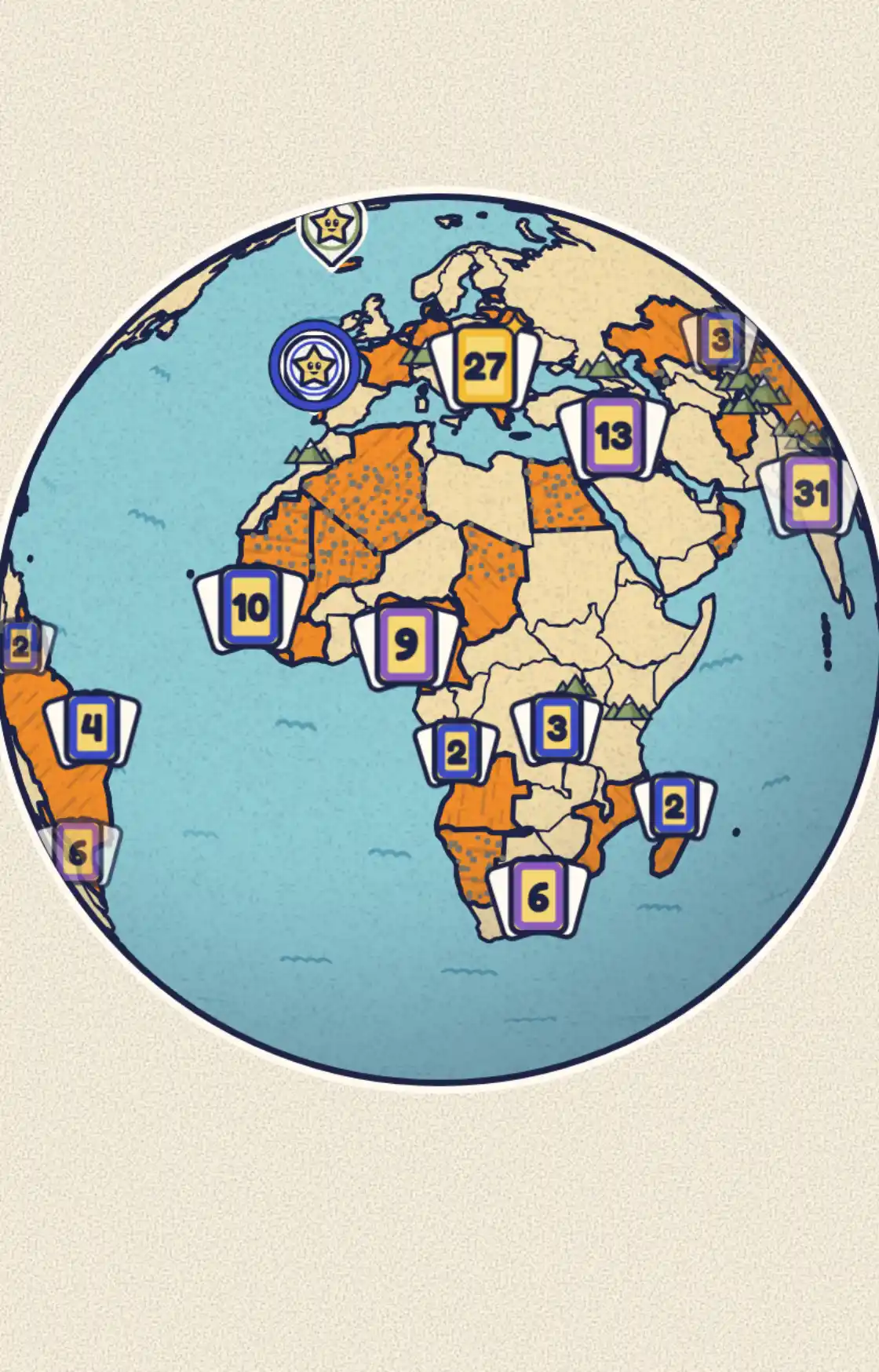 Un globe dessiné couvert d'épingles, une par lieu déjà collectionné